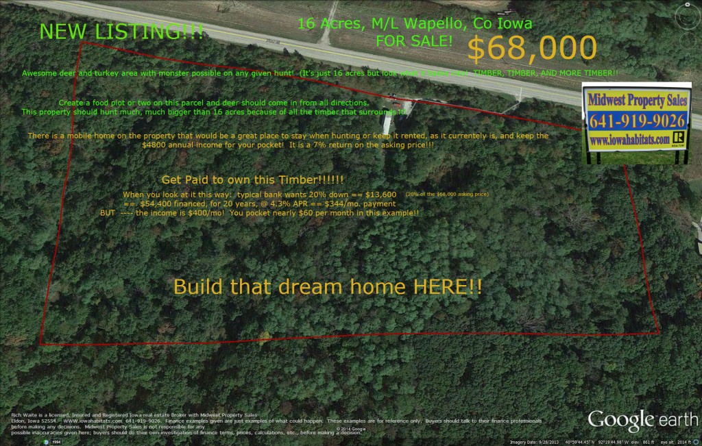 Aerial view of Wapello county Iowa 16 Acre timber for sale